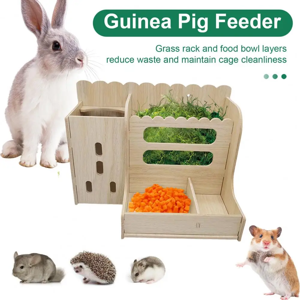 Divider Design Rabbit Food Container Guinea Pig Feeder Wooden Wooden Guinea Pig Feeder with Water Bottle Rabbit for Chinchillas