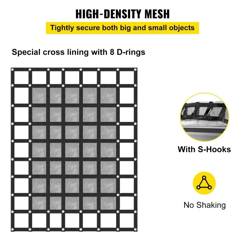 Rede de carga com malha, rede de carga de 8` x 6,7` para cama de caminhão captador, carga resistente com fivelas de câmera, ganchos S e alça cruzada,