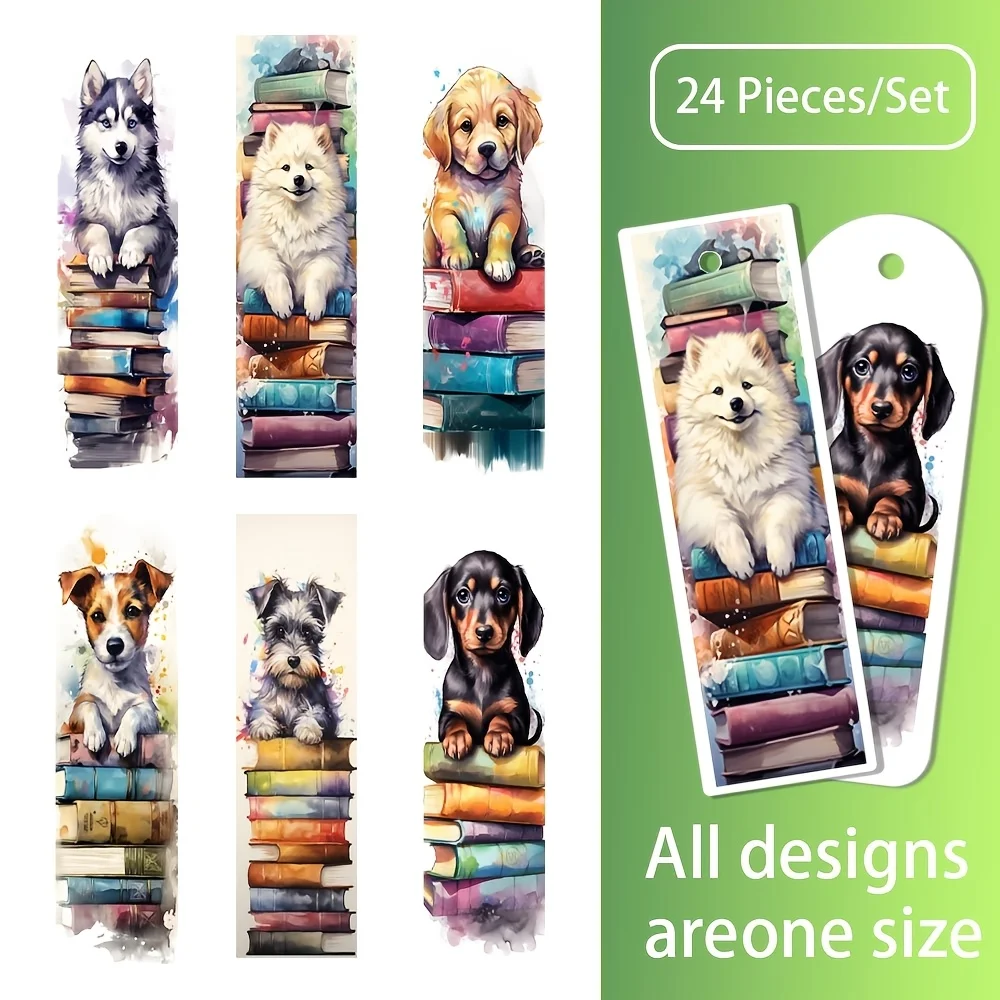 24PCS Watercolor dog book pile, minimalist flowers, lantern scripture Paper Bookmarks for Book Lovers, Boxed Bookmarks Set