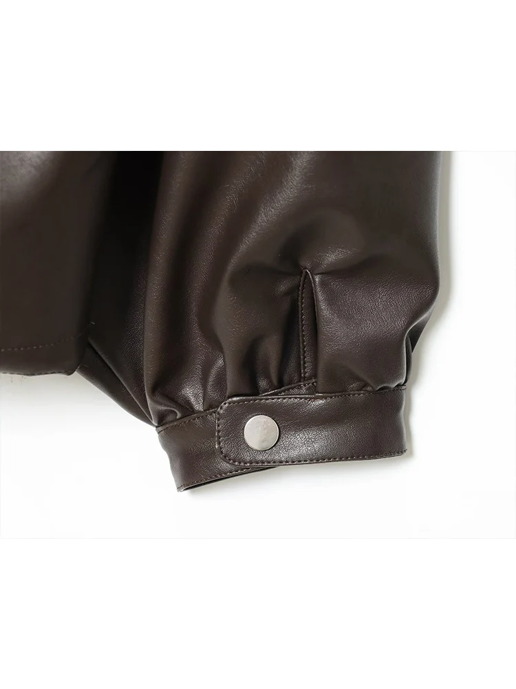 Women Vintage PU Leather Bomber Jackets Autumn New Zipper Stand Collar Long Sleeve Pocket Coat Casual Ladies Loose Streetwear