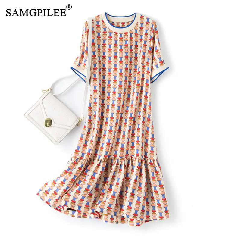 

Romantic Sweet Style Dresses For Women 2023 Summer New Pinched Light Chiffon Printed Loose Short Sleeve Elegant Casual Dress 4XL