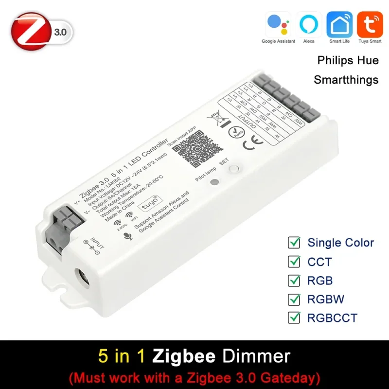 Ściemniacz LED Kontroler LED 5w1 Tuya Zigbee Wifi Smart 2.4G RC Obsługa Alexa Google Assistant dla 12/24V CCT RGB RGBCCT COB Strip