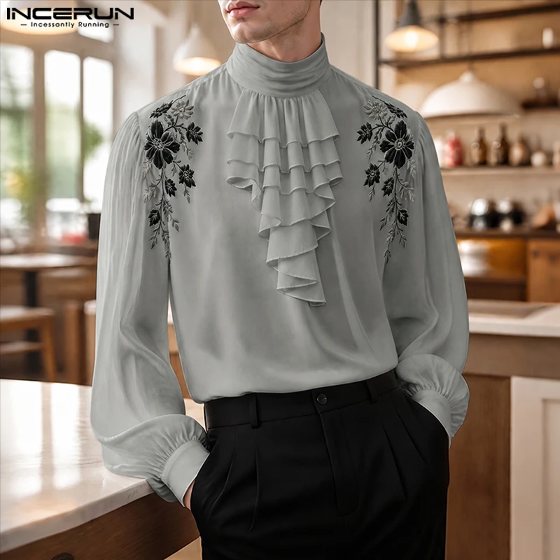 INCERUN Men's Shirt Embroidery Vintage Ruffle Puff Long Sleeve Casual Menswear Clothing Streetwear Elegant Tops For Man Camisas