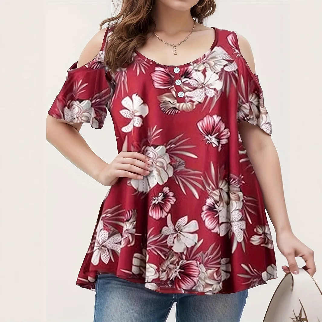 

2025 Summer Plus Size Tops Women Off Shoulder Flower 3D Print T Shirt Casual Button Short Sleeve Loose Pullover Ladies Tee Shirt