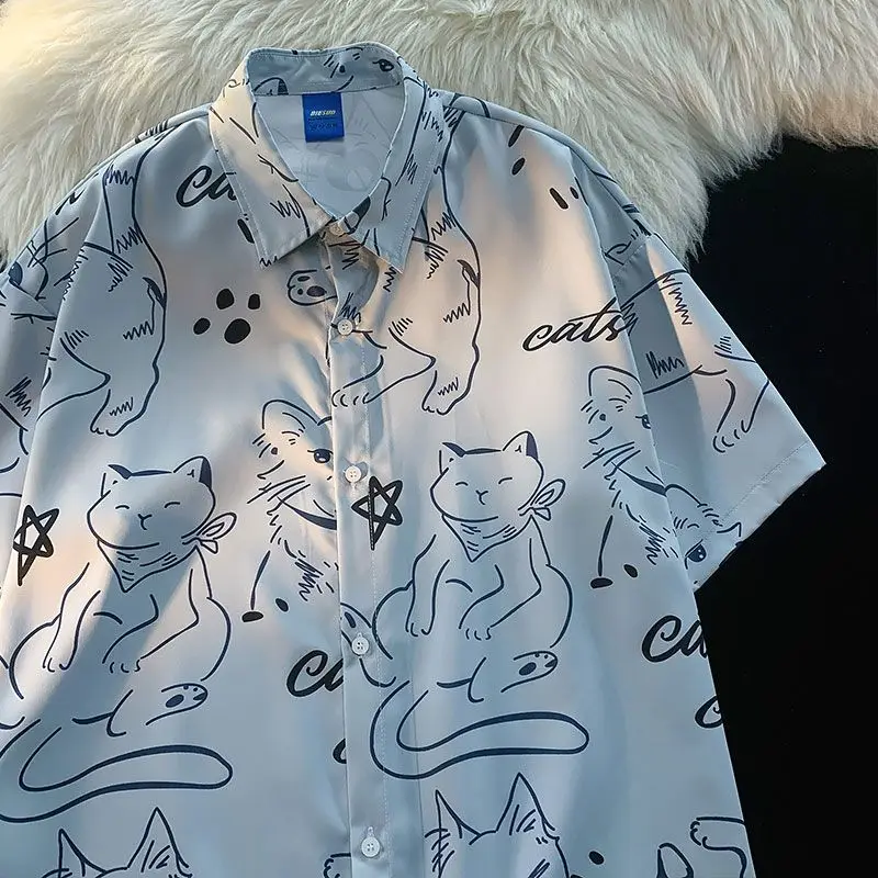 XEJ Summer Women Shirts 2023 Japanese Cityboy Fun Cartoon Cat Print Shirt Chic Woman Korean Style Blouse for Women Short Sleeve