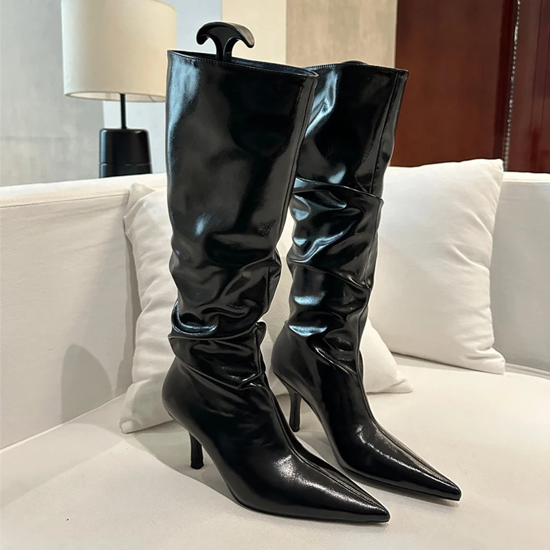 Gold Pleated Pointed Toe Cat Heel Slip-On Boots Woman Winter 2023 Silver Black Knee-High Heap Boots Fashion Shoes for Women