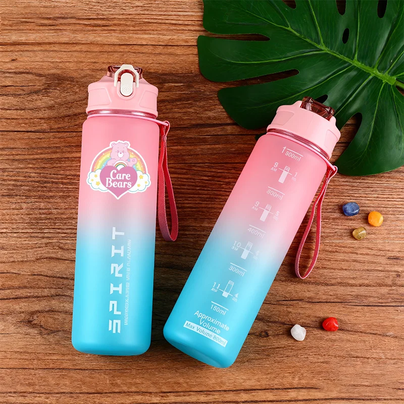 

Спортивная бутылка Caring Bears со шкалой времени для женщин и девочек, градиентные цветные бутылки для питья, герметичные чашки для путешествий на открытом воздухе, тренажерного зала и фитнеса