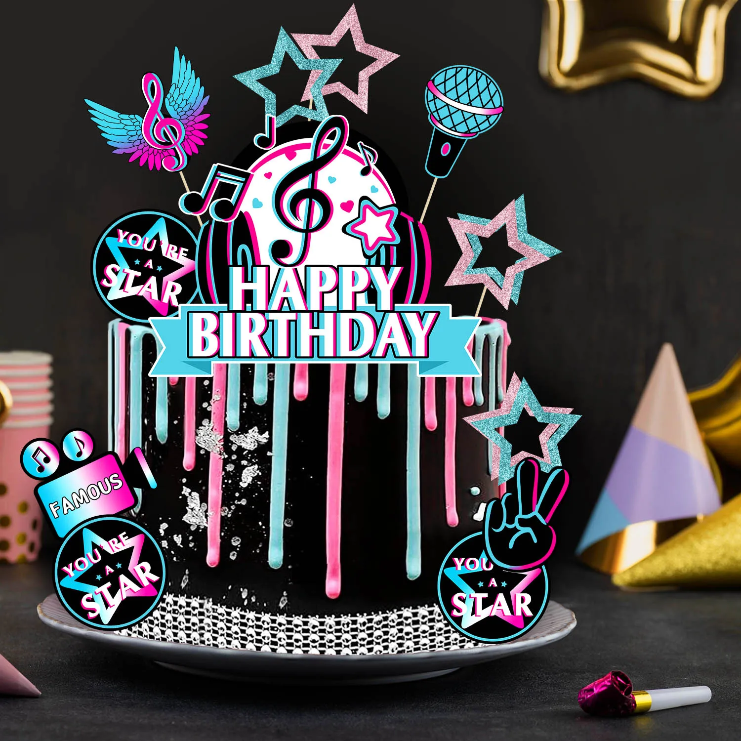 Musik-Kuchenaufsatz-Set, STERN BERÜHMTE, musikalische Geburtstagsparty-Kuchendekorationen für Musik, Karaoke-Thema, Geburtstagsparty-Zubehör – Detail 11