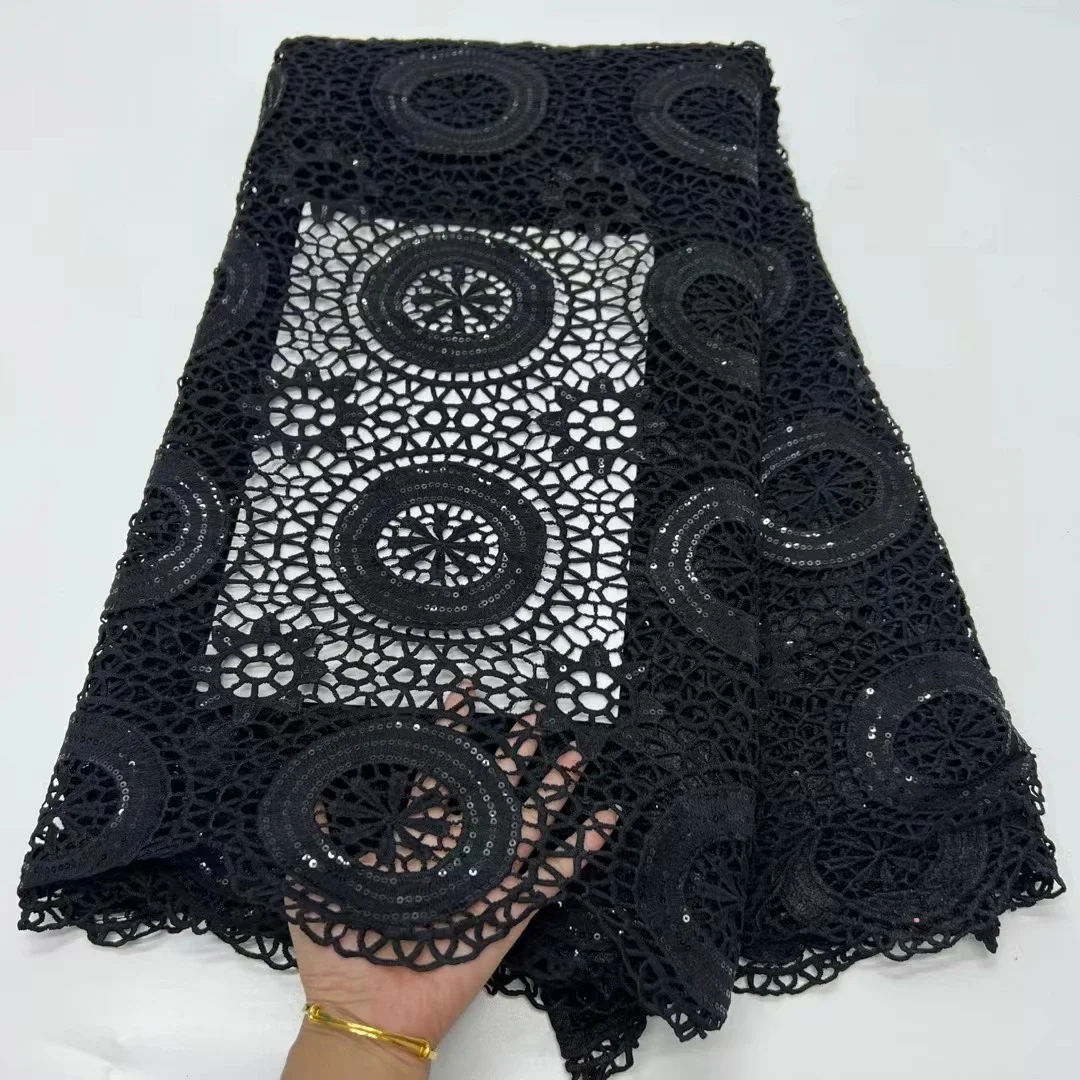 Latest Black African Guipure Cord Lace Fabric 2023 High Quality French Nigerian Water Soluble Lace Fabric For Party Dress KR2340