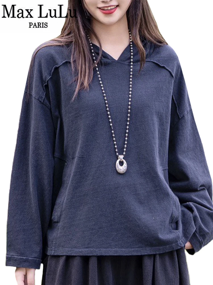 Max LuLu Design Autumn Ladies Hooded Clothes Womens Vintage Big Size Casual T-shirts Fashion Loose Harajuku Classic Cotton Tops