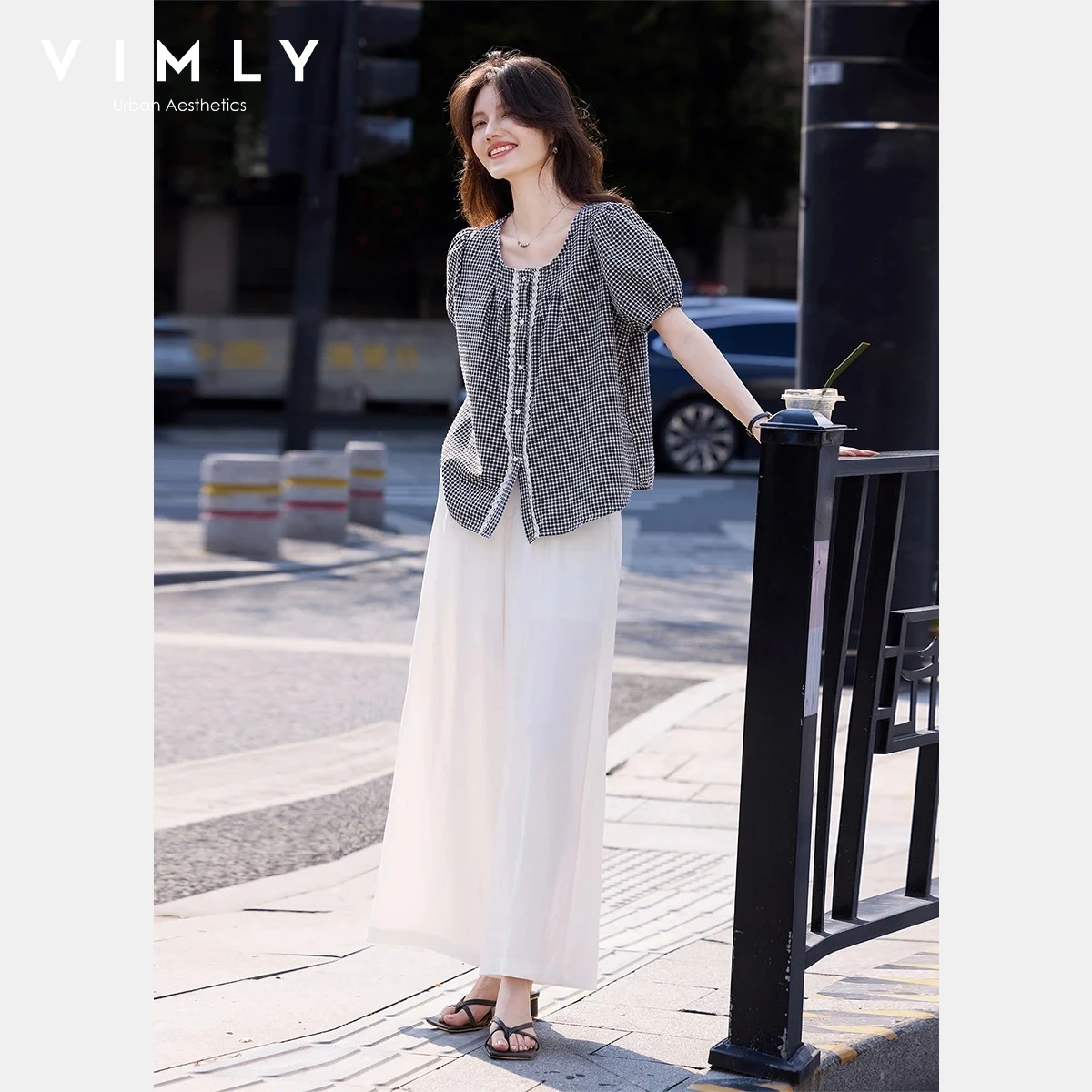 

VIMLY Casual Commute Womens Matching Set 2026 Summer Lace Trim Round Neck Short Sleeve Shirt Wide Leg Pants 2 Piece Outfit 30901