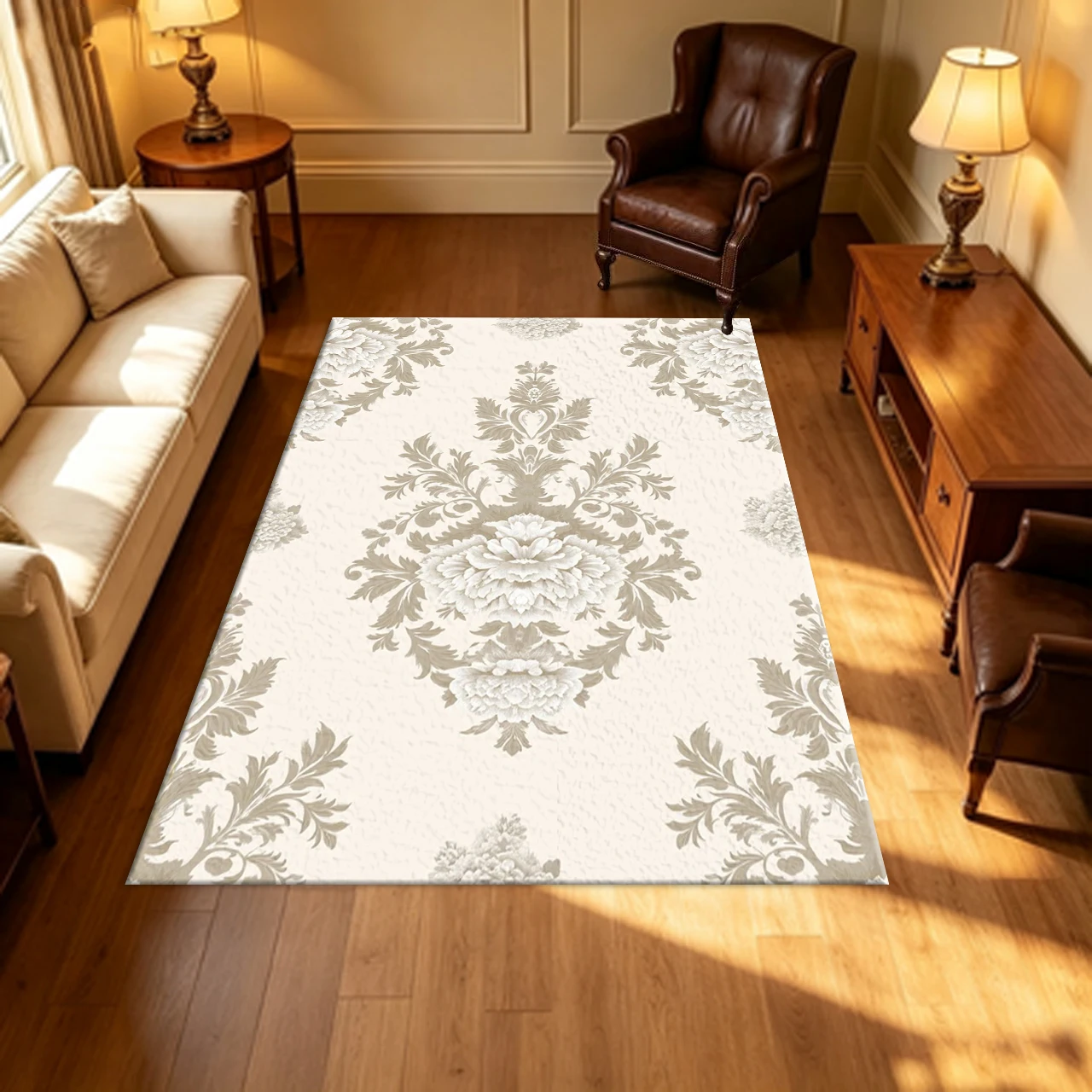 Vintage Damask Peony Floral Pattern Carpet Flooring Beige Neutral Tone Classic European Household Indoor Decor Area Rug