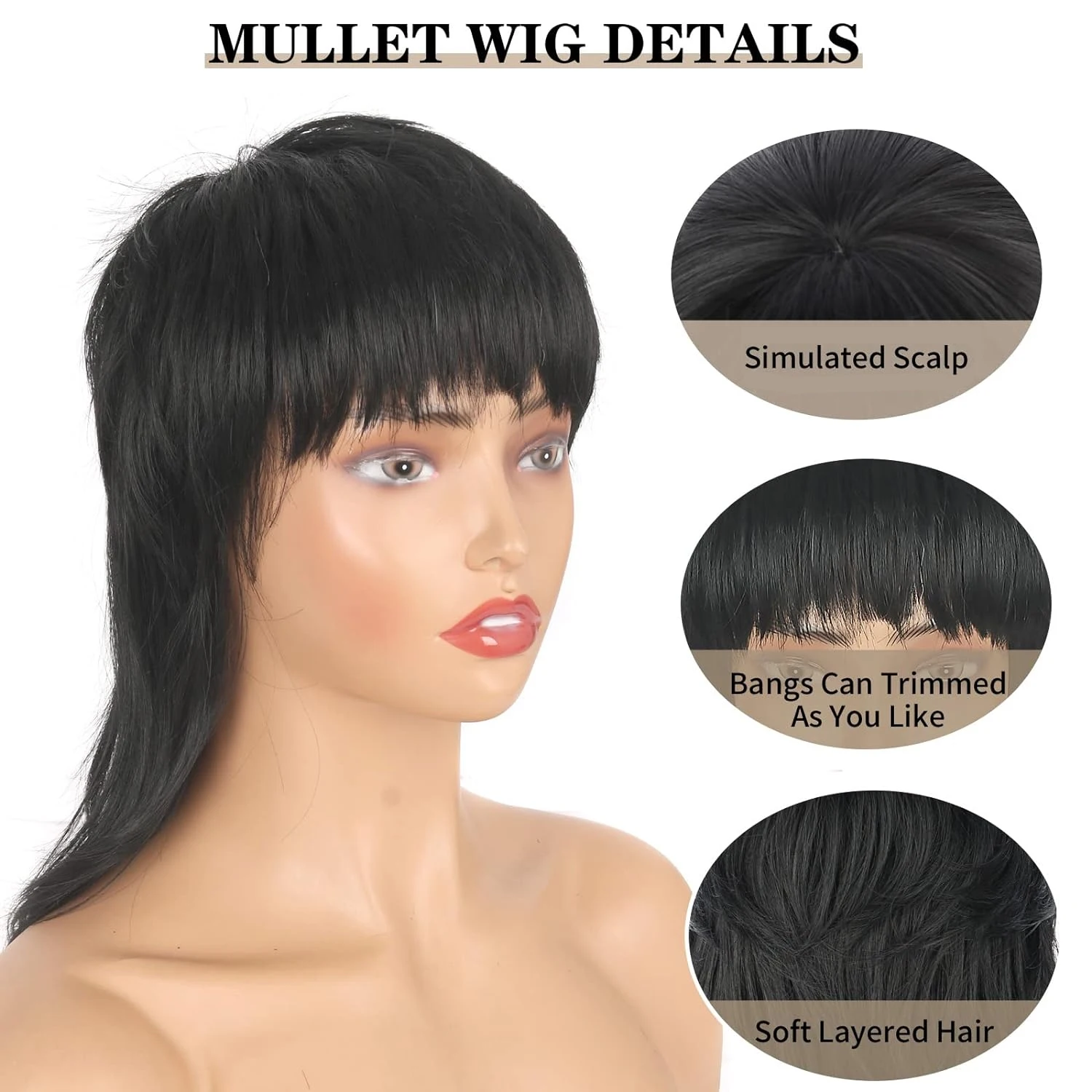 Black Women Synthetic Mullet Wig 80s 90s Black Mullet Wig with Bangs for Daily Party/Halloween/Cosplay
