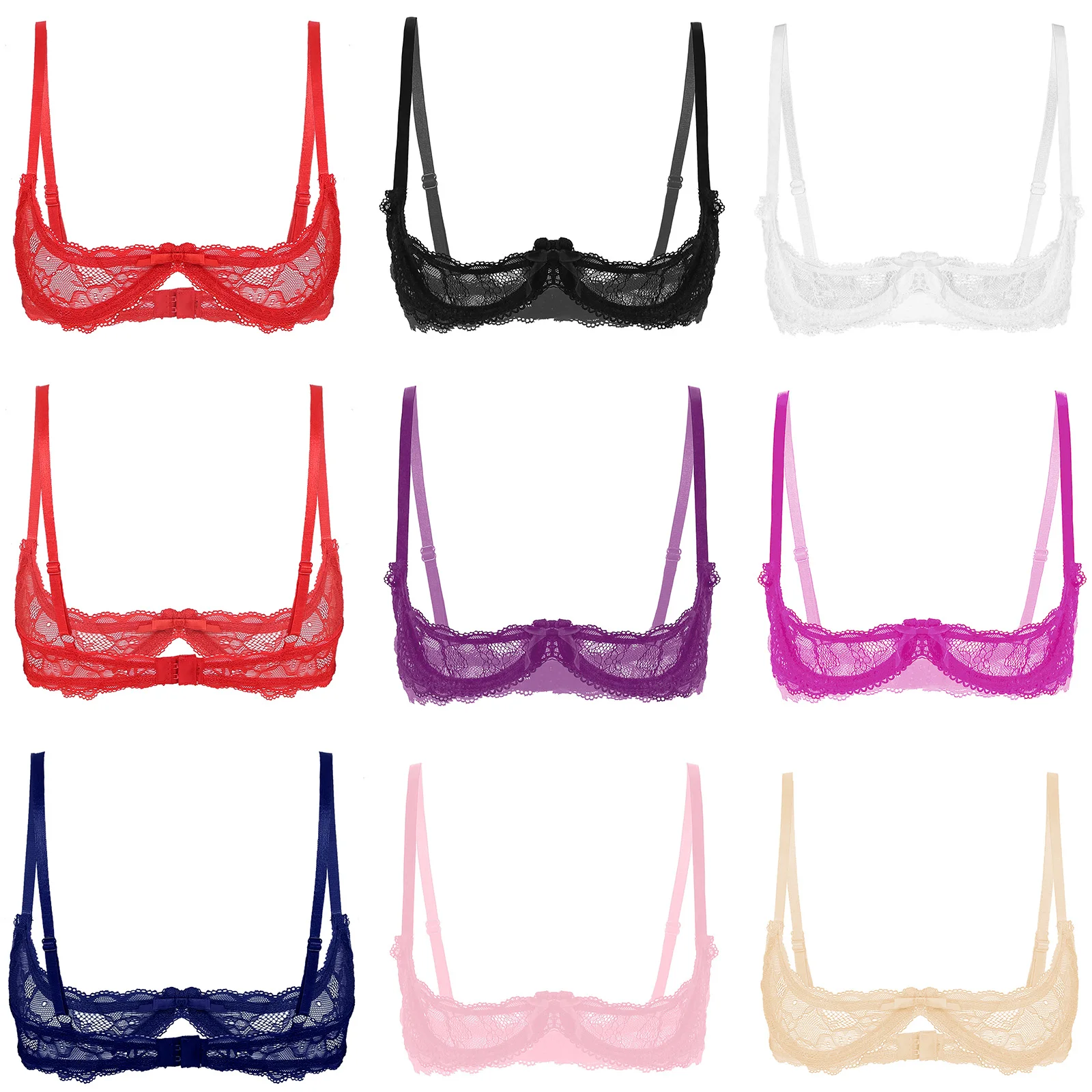 Women Sexy Sheer Lace Lingerie Bra Top See Through 1/4 Cups Open Nipple Bralette Push Up Underwire Brassiere Underwear Nightwear