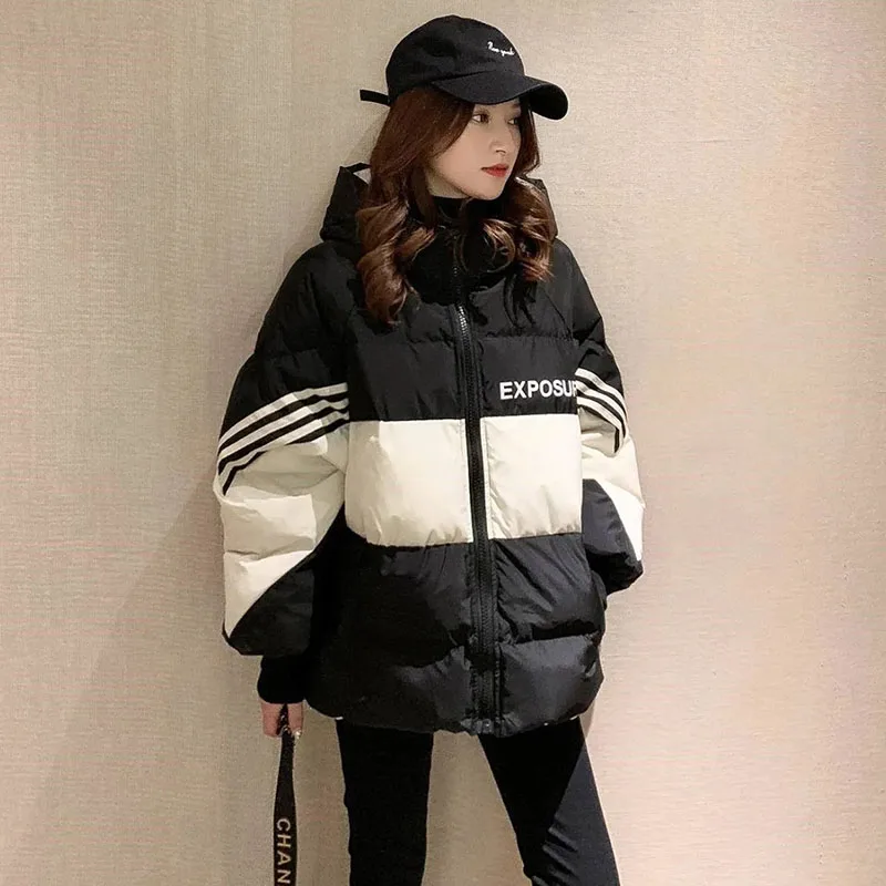 Down Cotton Coats Women Patchwork Side Stripes Loose Jacket Padded Thick Warm Winter Outwear Hooded Female Harajuku Tops