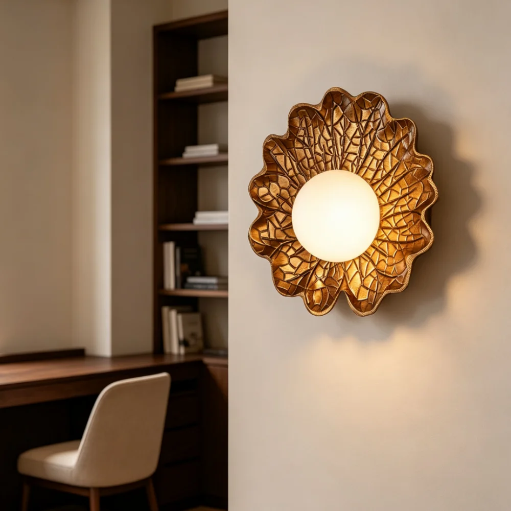 Mid-Century Modern Wall Lamp Leaf Shape Wall Light Textured Resin Decorative Hardwired Wall Mounted For Living Room Corridor