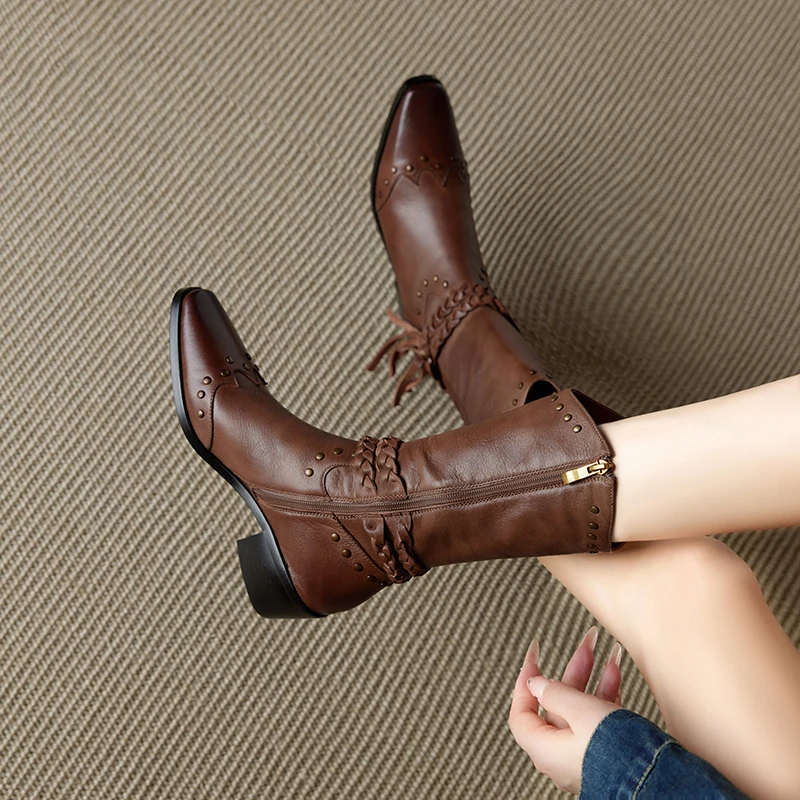 Genuine Leather Western Cowboy Booties Ankle Boots,Rivet womans boots,knight boots,Modern boots,Chunky Punk boots