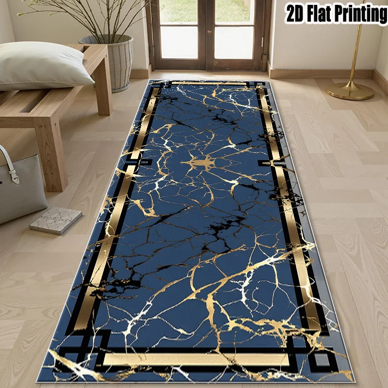 Deep Blue Gold Edge Marble Texture Luxury Modern Runner Rug for Kitchen Durable Stone Look Carpet Floor Mat Cover