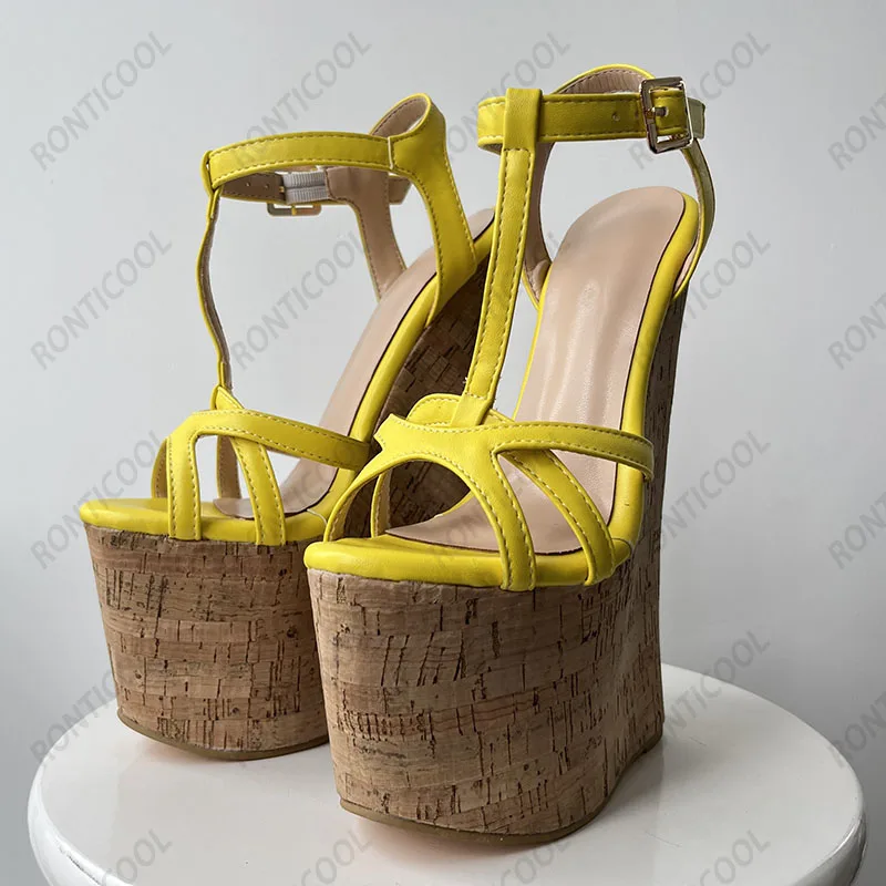Ronticool Handmade Women T-strap Sandals Ultra High Wedges Heels Round Toe Classics Black Dress Shoes Ladies US Plus Size 5-15