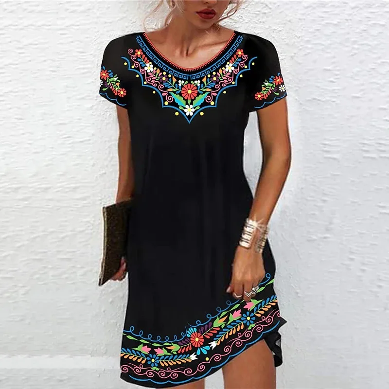 Vintage Elegant Ethnic Print Dress Women V-Neck Short Sleeve Casual Dresses Oversized 6XL Summer New Beach Holiday Mini Dress