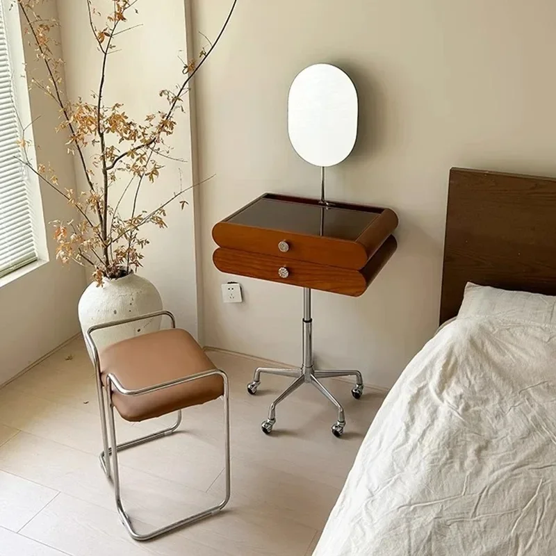 

Wheels Portable Drawers Vanity Table Mirror Chair Set Storage Compact Corner Vanity Unique Space Saving Penteadeira Furnitures