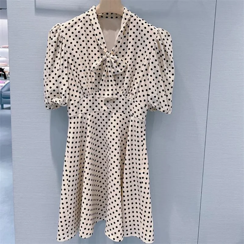 

New polka dot dress female 2022 spring summer new temperament lady chiffon waist slim dress