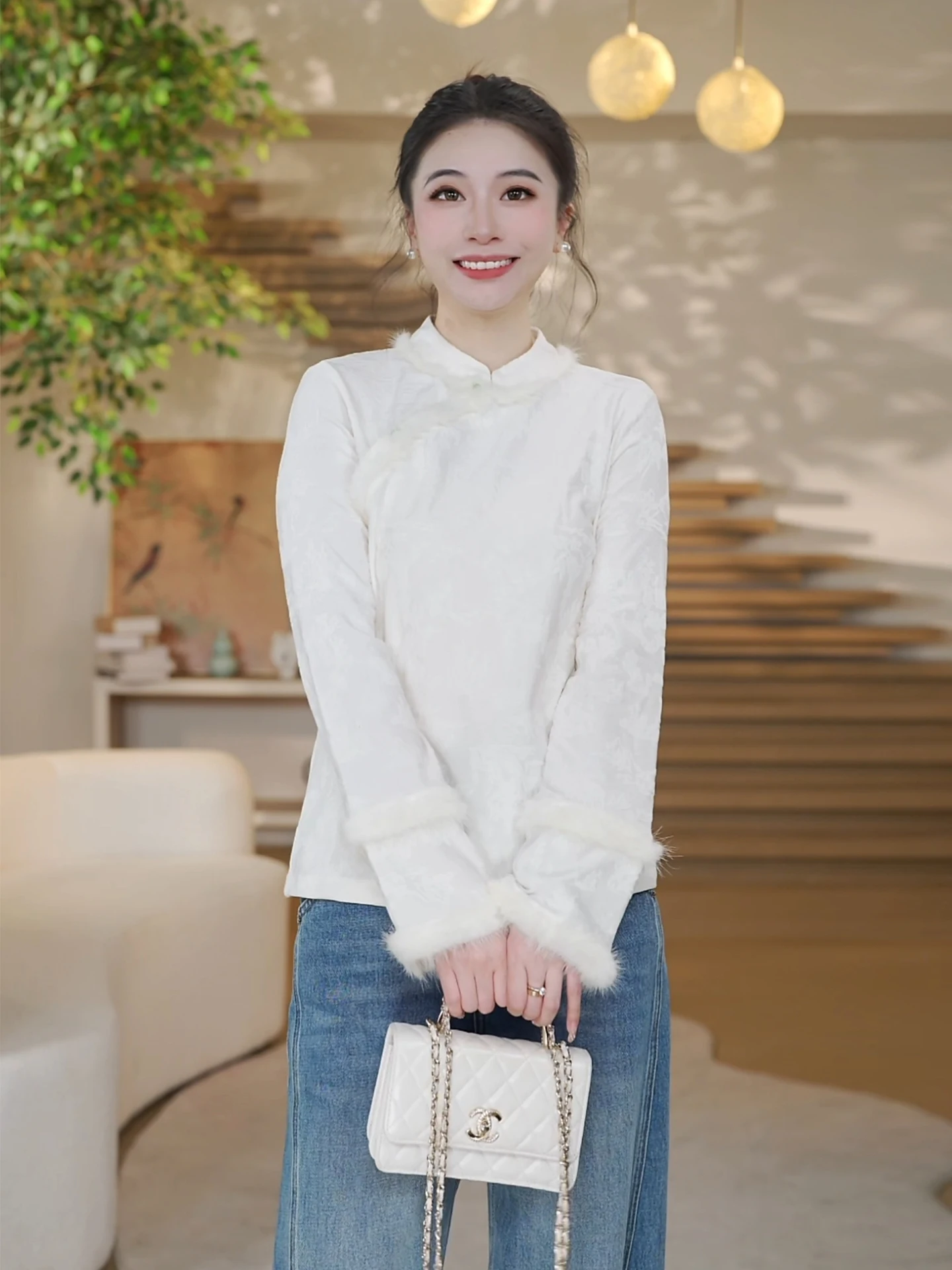

Новая женская рубашка в китайском стиле, весна 2026, с воротником-стойкой из меха норки, универсальная, простая, дышащая, хлопковая, с длинным рукавом