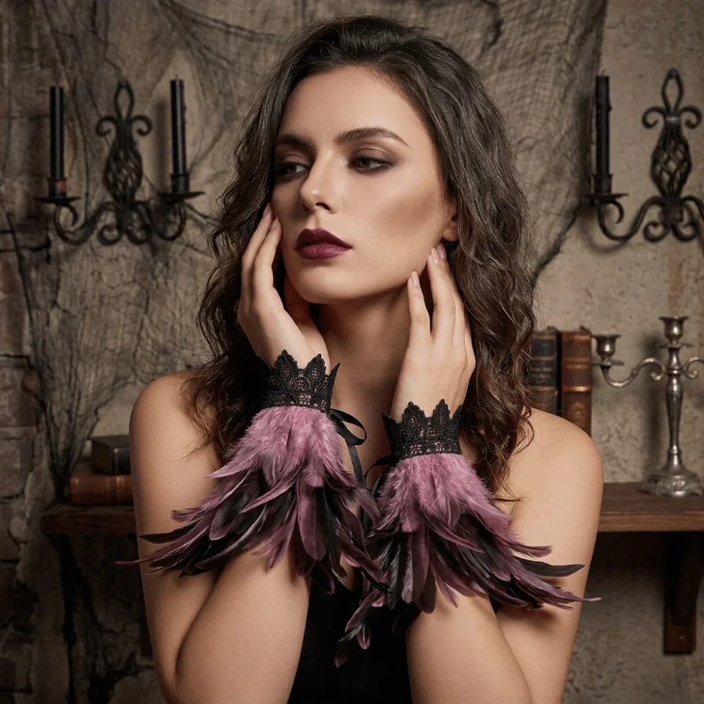 Vintage Black Fluffy Feather Wrist Cuffs Lace Adjustable Halloween Arm Cuff Gloves Punk Gothic Wristband Costume Prop