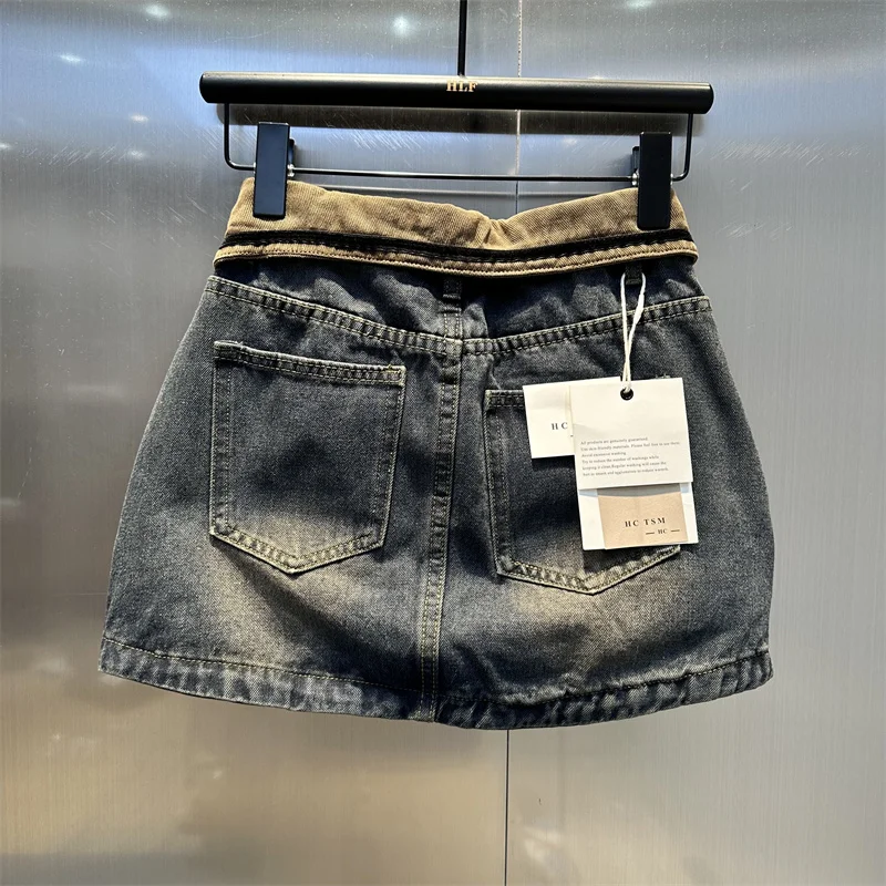 Imagem -02 - Saia Jeans Curta de Cintura Alta Feminina Streetwear Cinza Desbotada Saias Jeans Linha a Cor de Contraste Feminina Novo Início da Primavera 2023