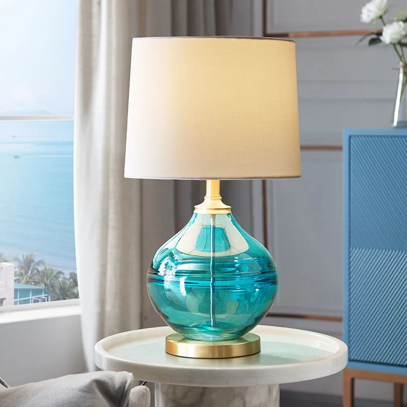 

Mediterranean blue glazed table lamp bedroom bedside lamp creative all-copper light luxury simple modern warm home living room