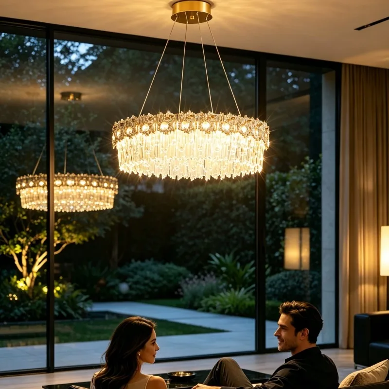 Crystal chandelier, high-end atmosphere, round gold lamp