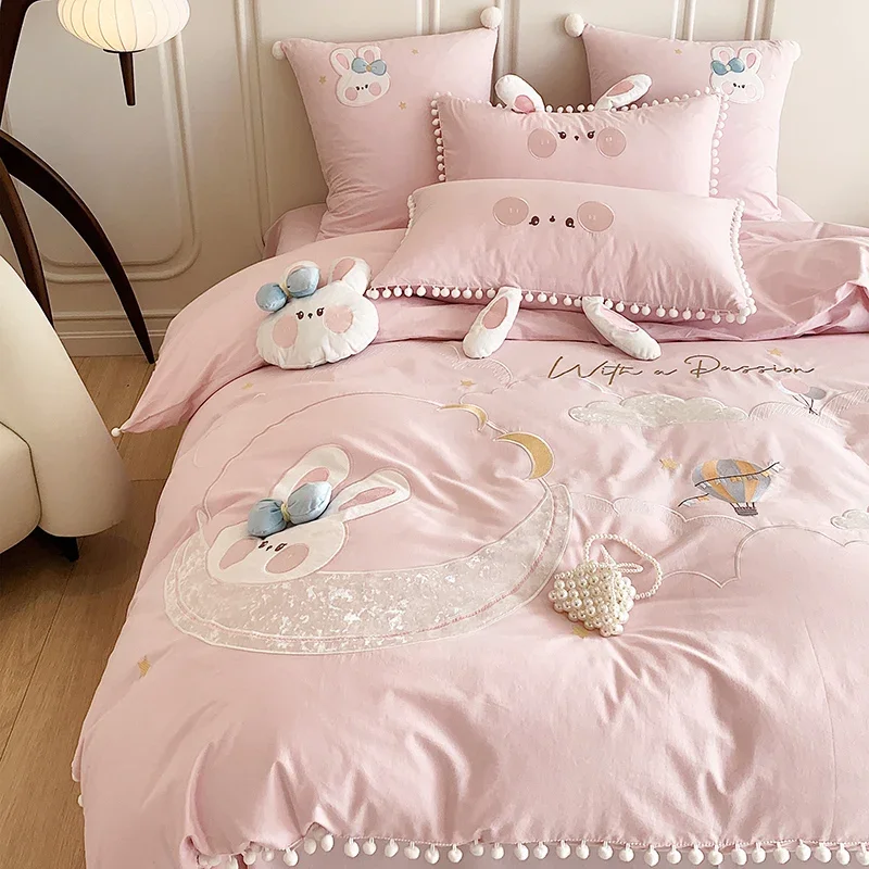 New Pink Cute Cartoon Rabbit Moon Embroidery 100% Cotton Girls Bedding Set White Ball Edge Duvet Cover Set Bed Sheet Pillowcases