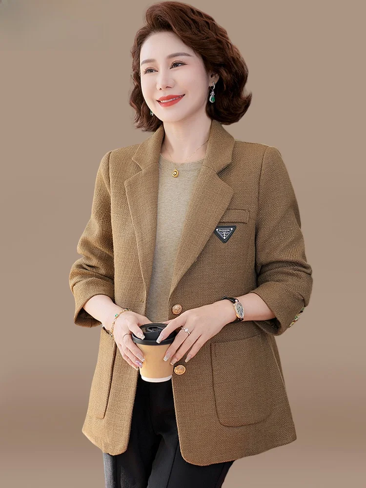 

Spring Faion Outerwear for Middle-Aged Mothers Ladylike Suit Sle Women's Jaet Korean Sle Loose Fit V-Ne Polyester B...