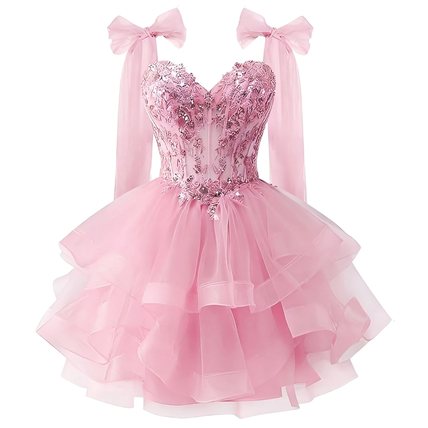 

Sweetheart Pink Mini Prom Dress with Lace Appliqués Bow Straps Ruffled Evening Gown Customized