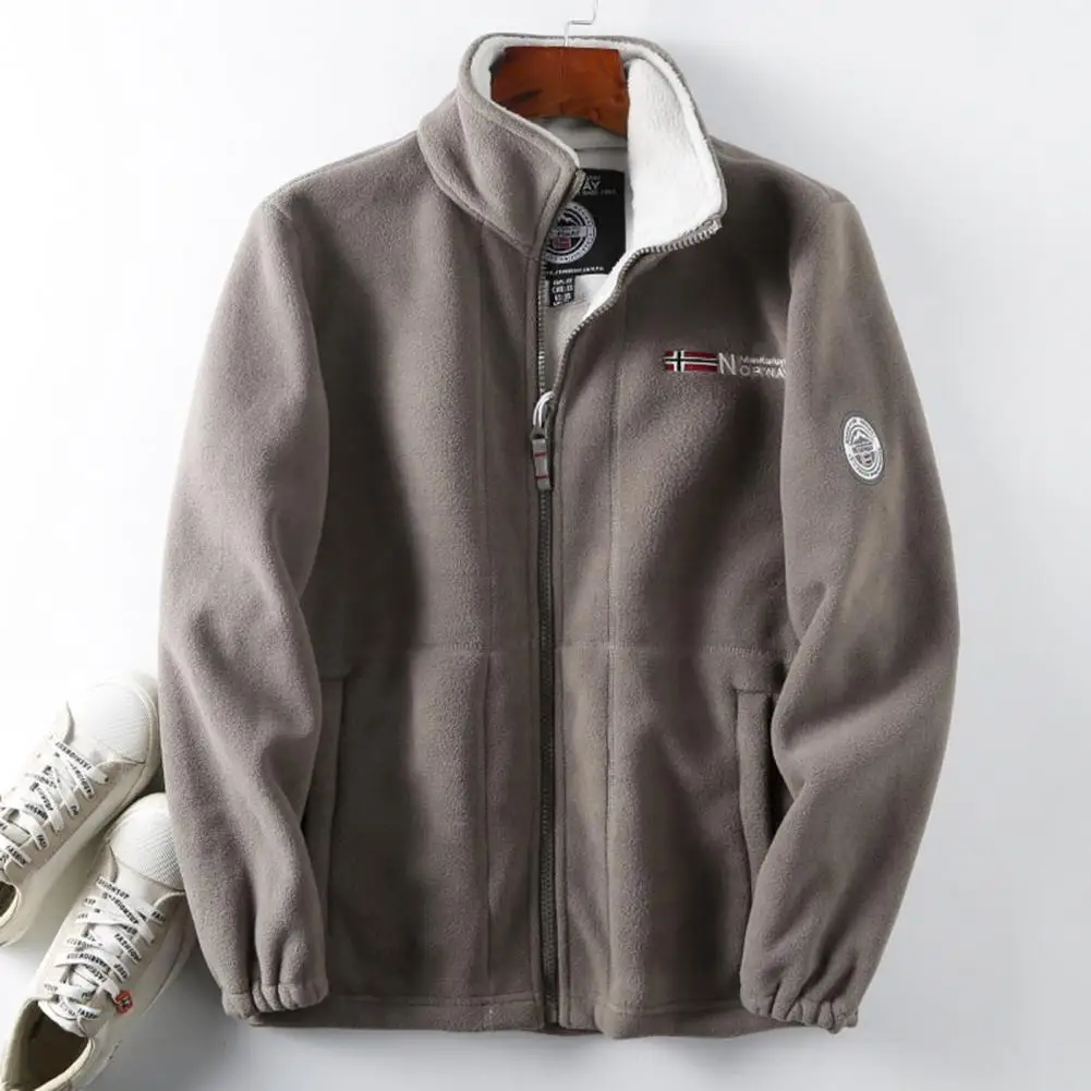 2025 M-3XL Men Winter Fleece Jacket with Pocket Long Sleeve Stand Collar Zip Up Thick Warm Heat Retention Outdoor Fleece Jacket