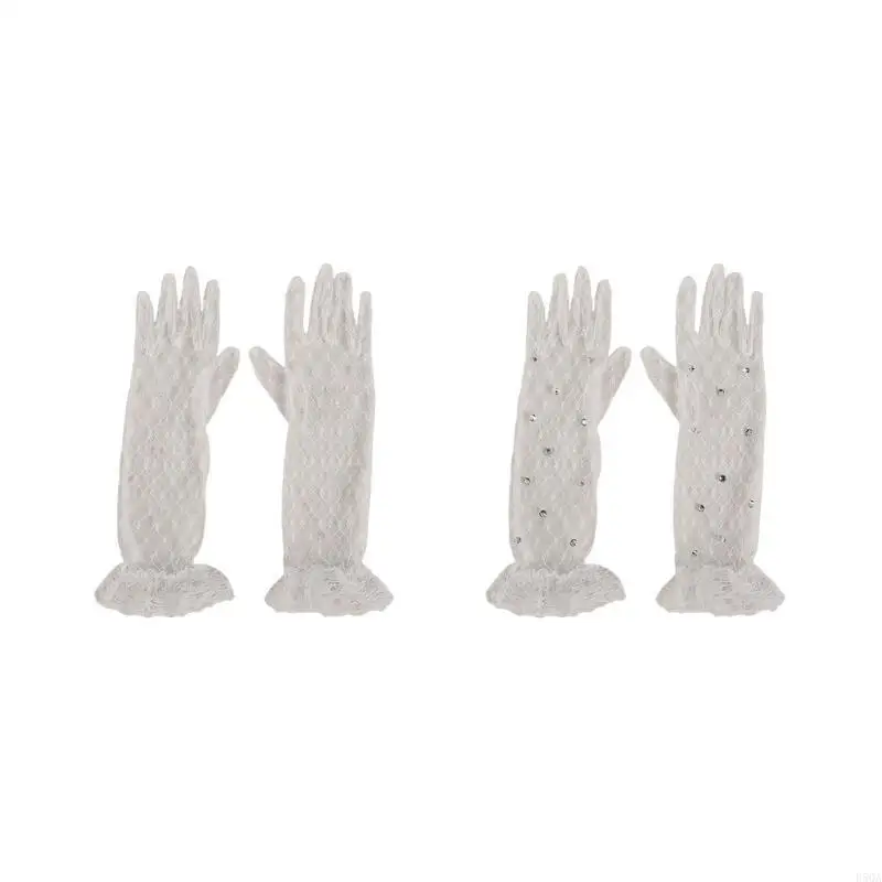 D5QA Children's Dress Lace Gloves Kids Birthday Decoratvie Mittens with/no Rhinestones, Flower Girls Performances Gloves