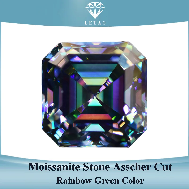 Moissanite Stone Rainbow Green Asscher Cut Lab Diamond Moissanite Women's Jewelry Material Pass Diamond Tester with Certificate