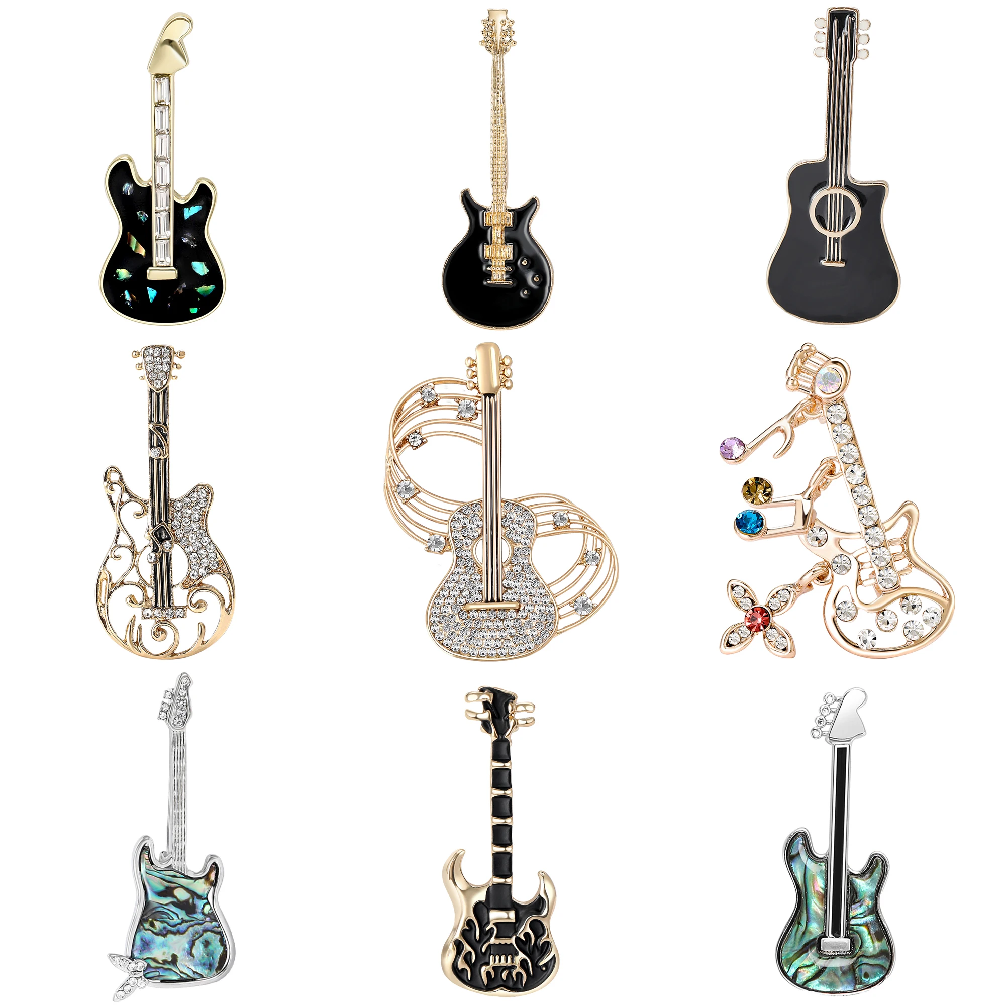Rhinestone Music Guitar Brooches for Women Unisex Shell Musical Instrument Pins Office Party Friend Gifts Jewelry Accessories