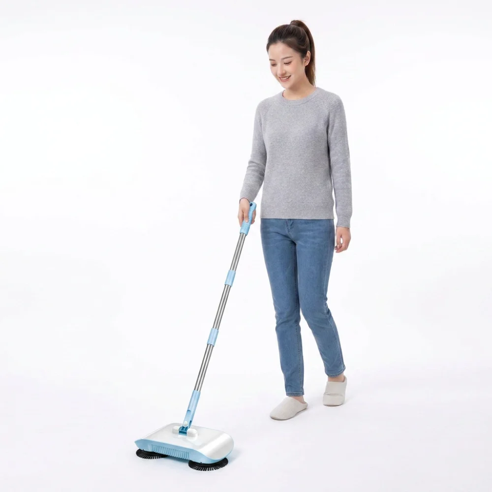 Non Electric Hand Push Sweeper Powerful Suction Hard Floor Compatible 2 in 1 Cleaning Machine With Cloth Mop High Efficiency