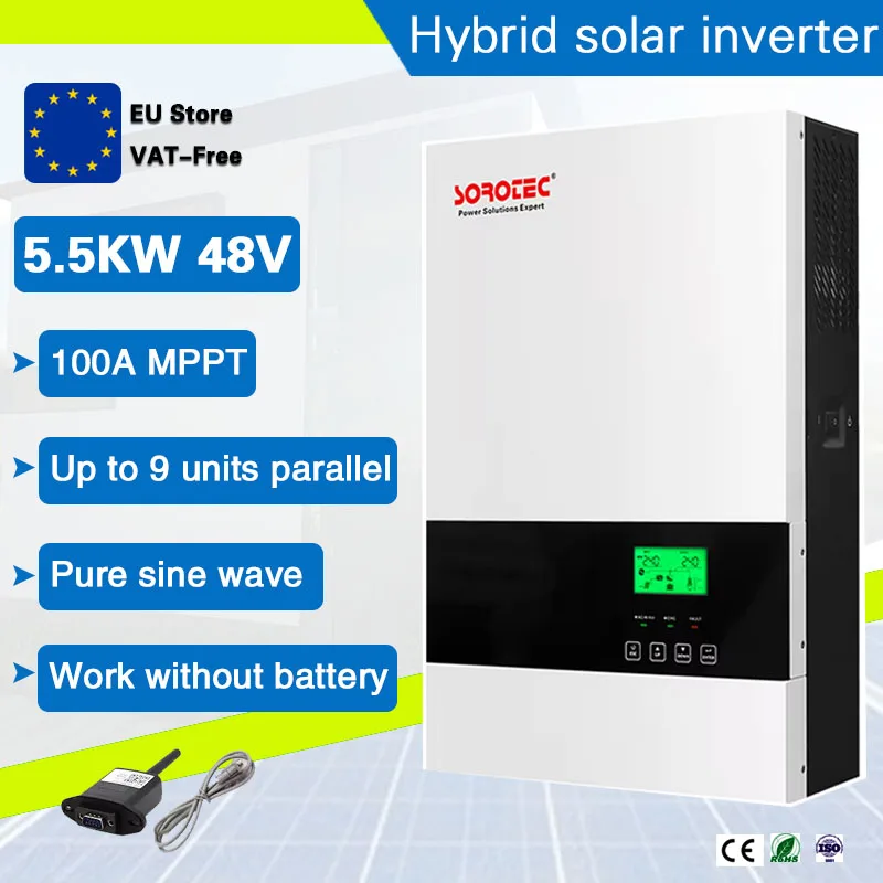 SOROTEC 5500W 48V Hybrid Solar Inverter: Pure Sine Wave, Wide 120-500VDC PV Input, Battery-Free with WiFi