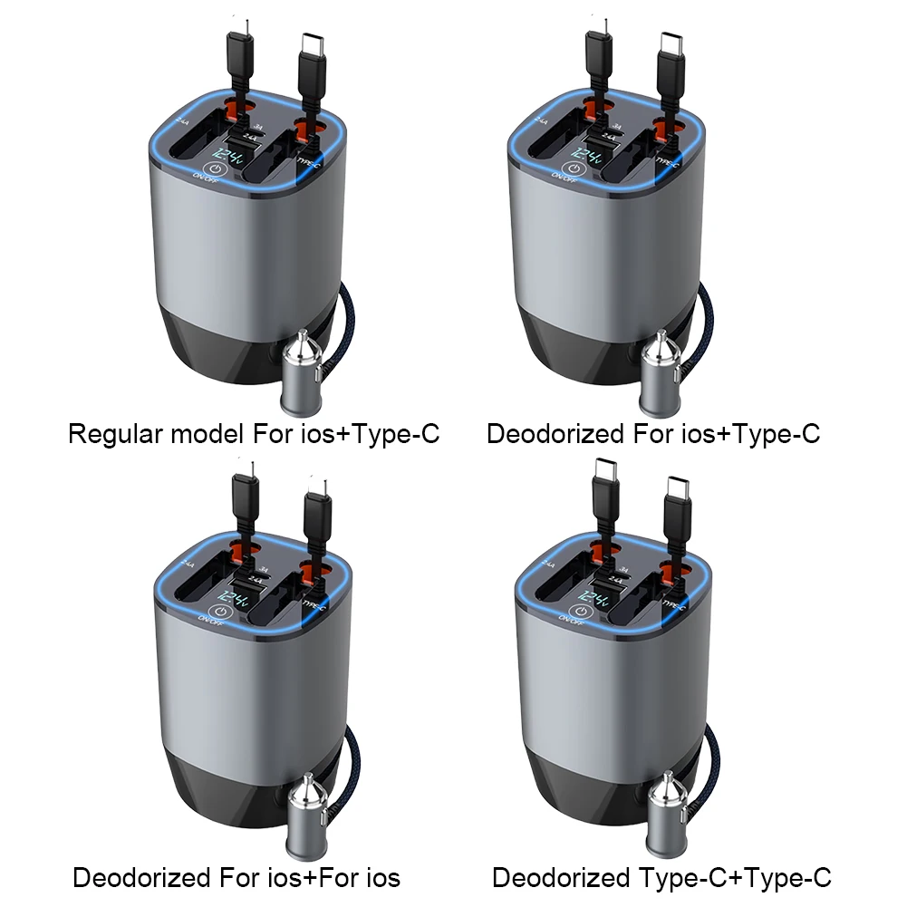 Retractable USB Charger Socket Digital Display 4 In 1 Car Power Adapter PD QC3.0 Power Outlet USB Type C 100W Port for Apple