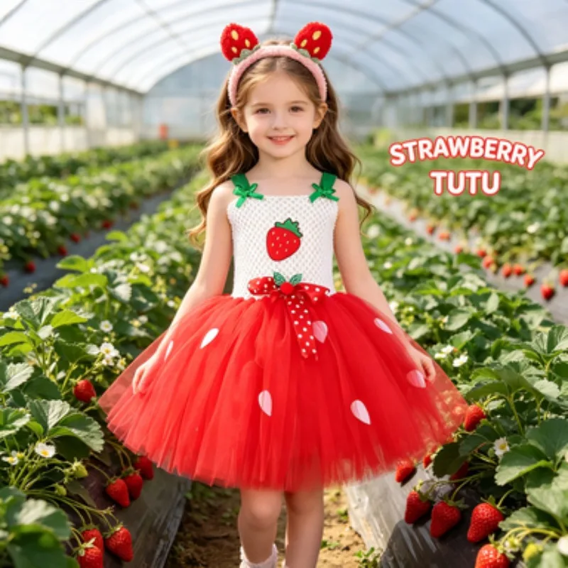 

Cute Strawberry Tulle Dress for Girls, Halloween Fruit-style Princess Dress, Kids' Outfit for Festival Parties and Performances