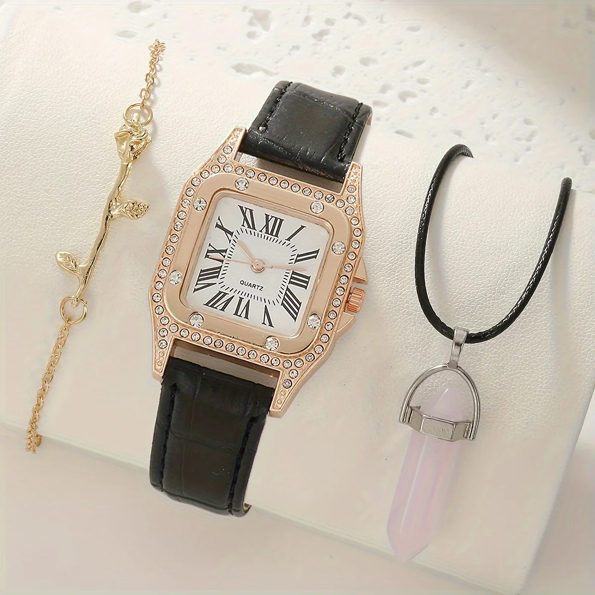 1pc Casual Rhinestone Decor Quartz Watch Luxury Rome Fashion Analog Party Dress Watch & 2pcs Jewelry Set, Gift For Mom/Her