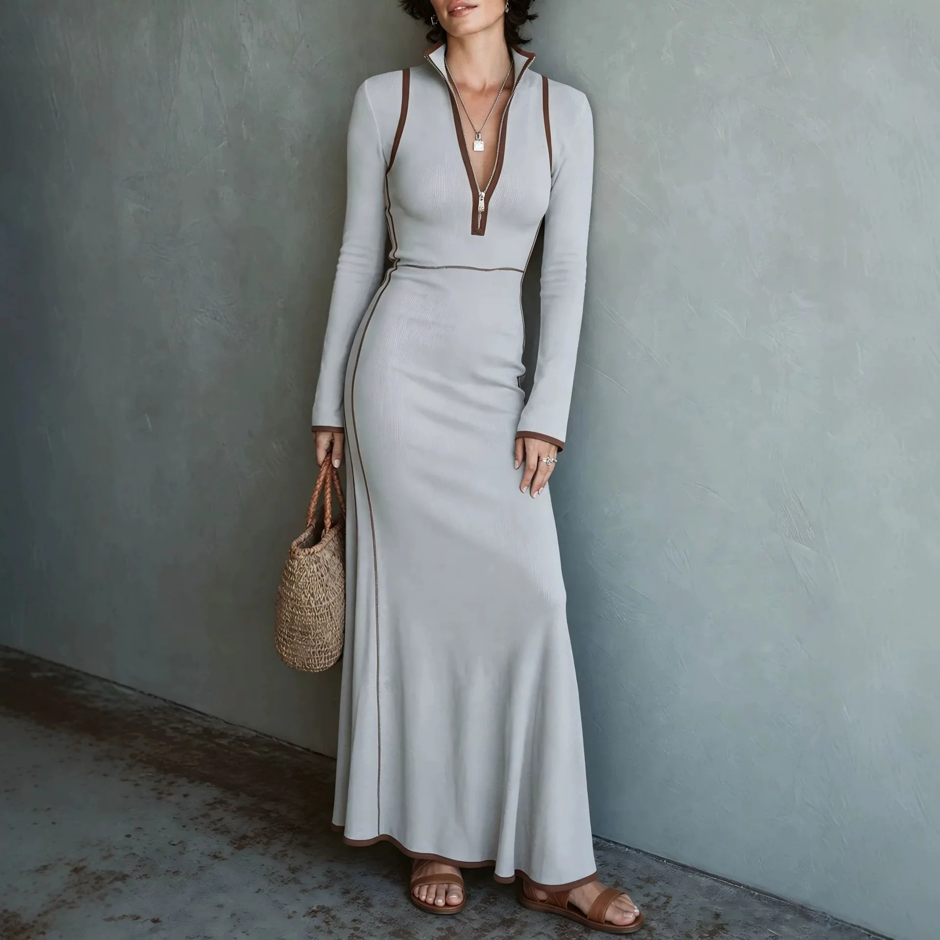 2026 New Autumn Women High‑End Vibe Casual Color‑Block Long‑Sleeve Dress Figure‑Flattering Ladies Daily Midi Dress