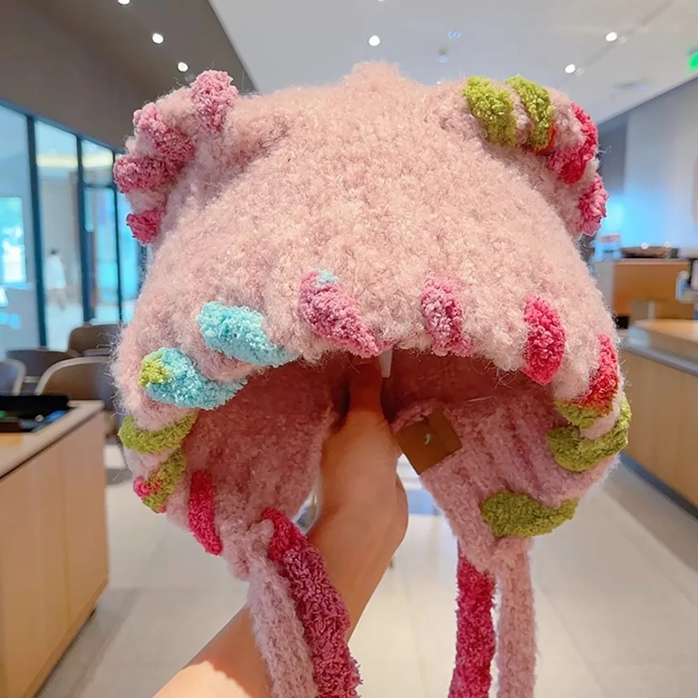

Lightweight Warm Ear Knitted Fleeces Hat Elastic Adjustables Rainbow Headgear Hat Tassels Straps Windproof