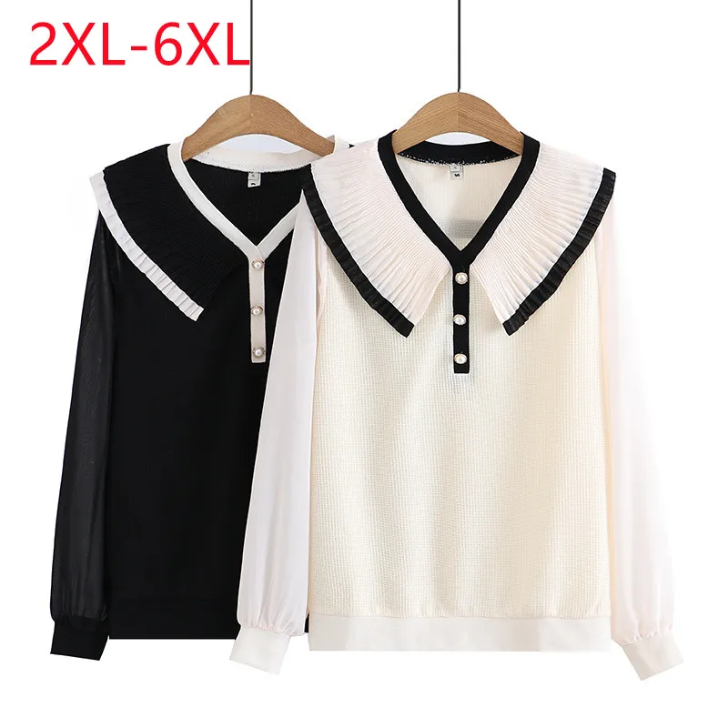 

New 2023 Ladies Spring Autumn Plus Size Tops For Women Large Size Long Sleeve V-neck Ruffle Black Blouse 2XL 3XL 4XL 5XL 6XL