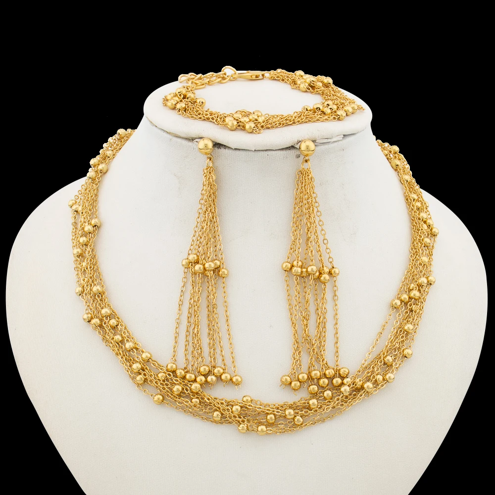 

Luxury Gold Color Jewelry Set for Bridal Small Beads Design Tassel Necklace and Dangle Earrings African Hand Bracelet Jewelry