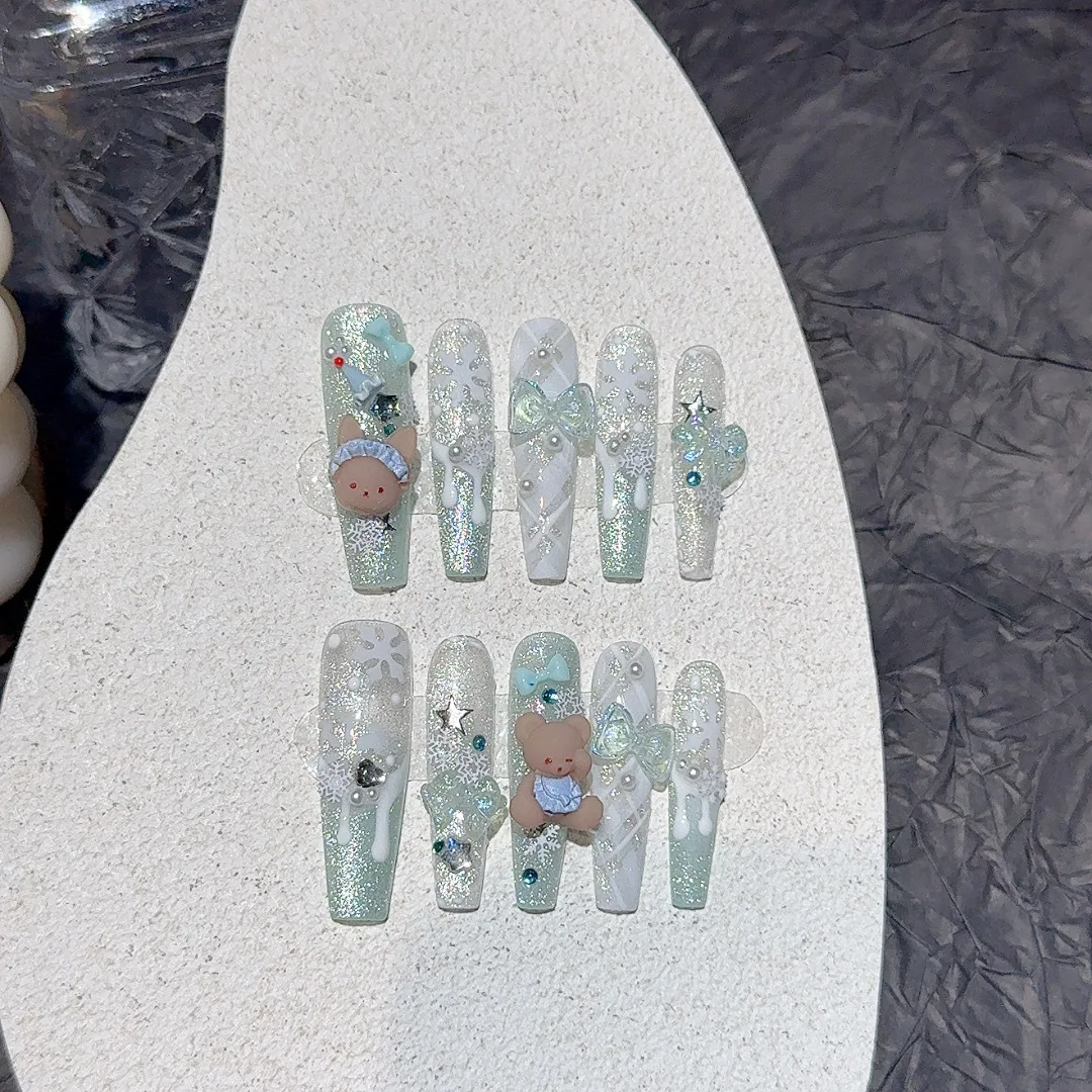 10 pièces à la main longue ovale presse sur ongles avec ours mignon bleu arc conception faux ongles portable filles douces brillant oeil de chat faux ongles