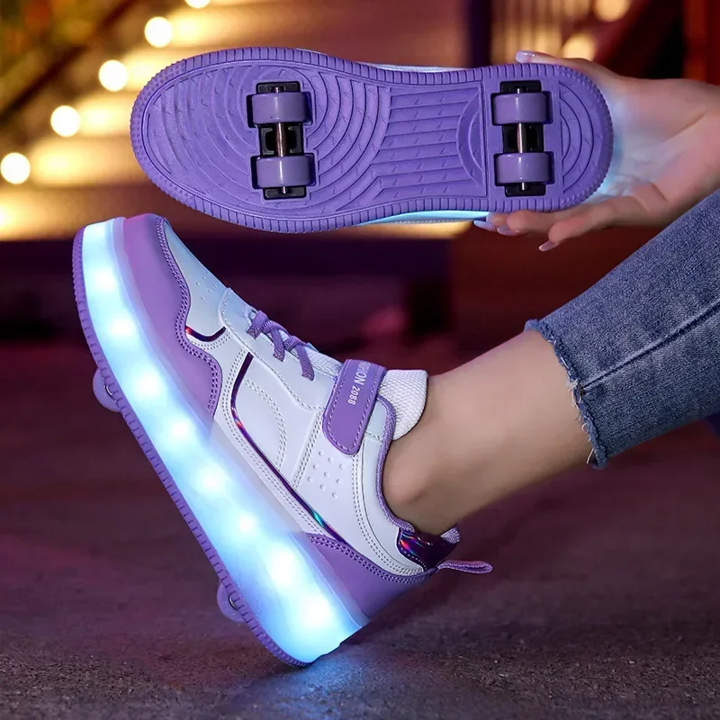 Two Wheels Children Luminous Glowing Sneakers Boys Girls Led Light Roller Skate Shoes Kids Led Shoes USB Charging