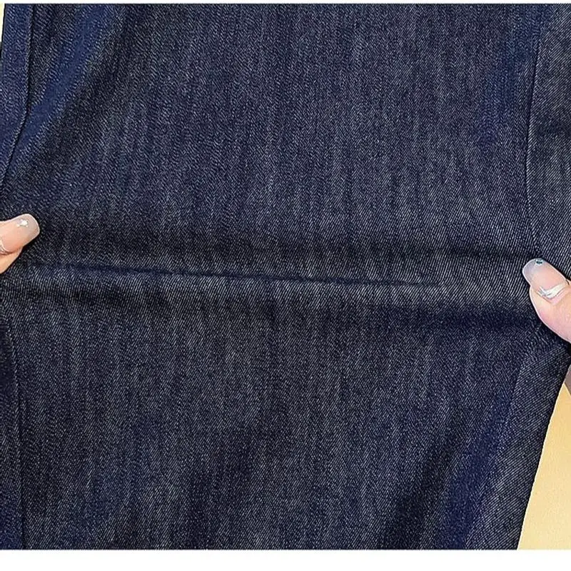 Jeans Haren azul profundo para mulheres, calças jeans soltas, cintura alta, emenda de renda, comprimento do tornozelo, macio, monocromático, novo, outono, 2022